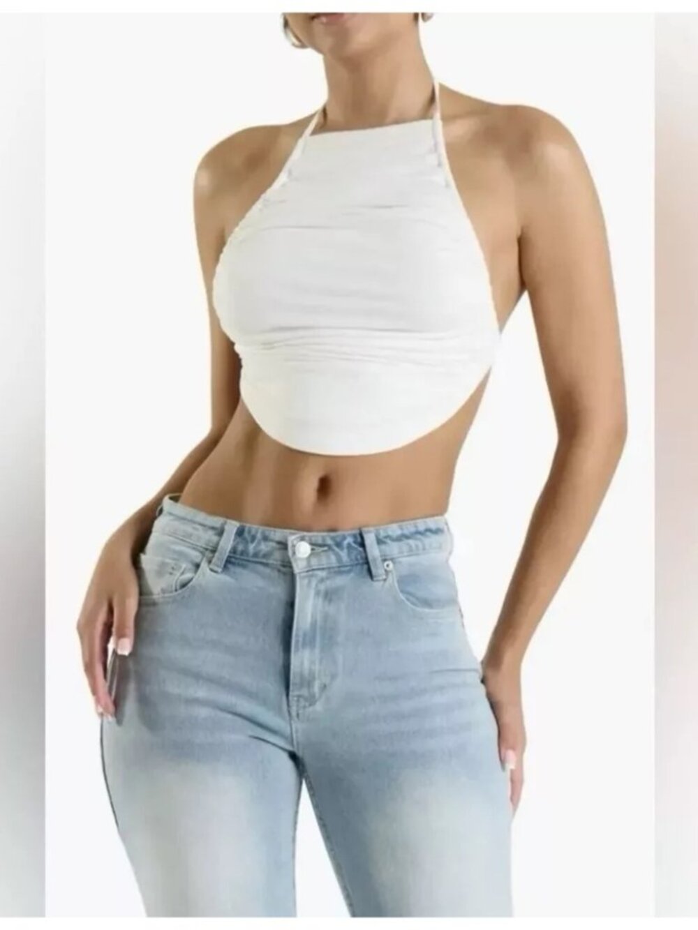 Naked Wardrobe White Shirred Apron Tie Back Halter Top M NWT